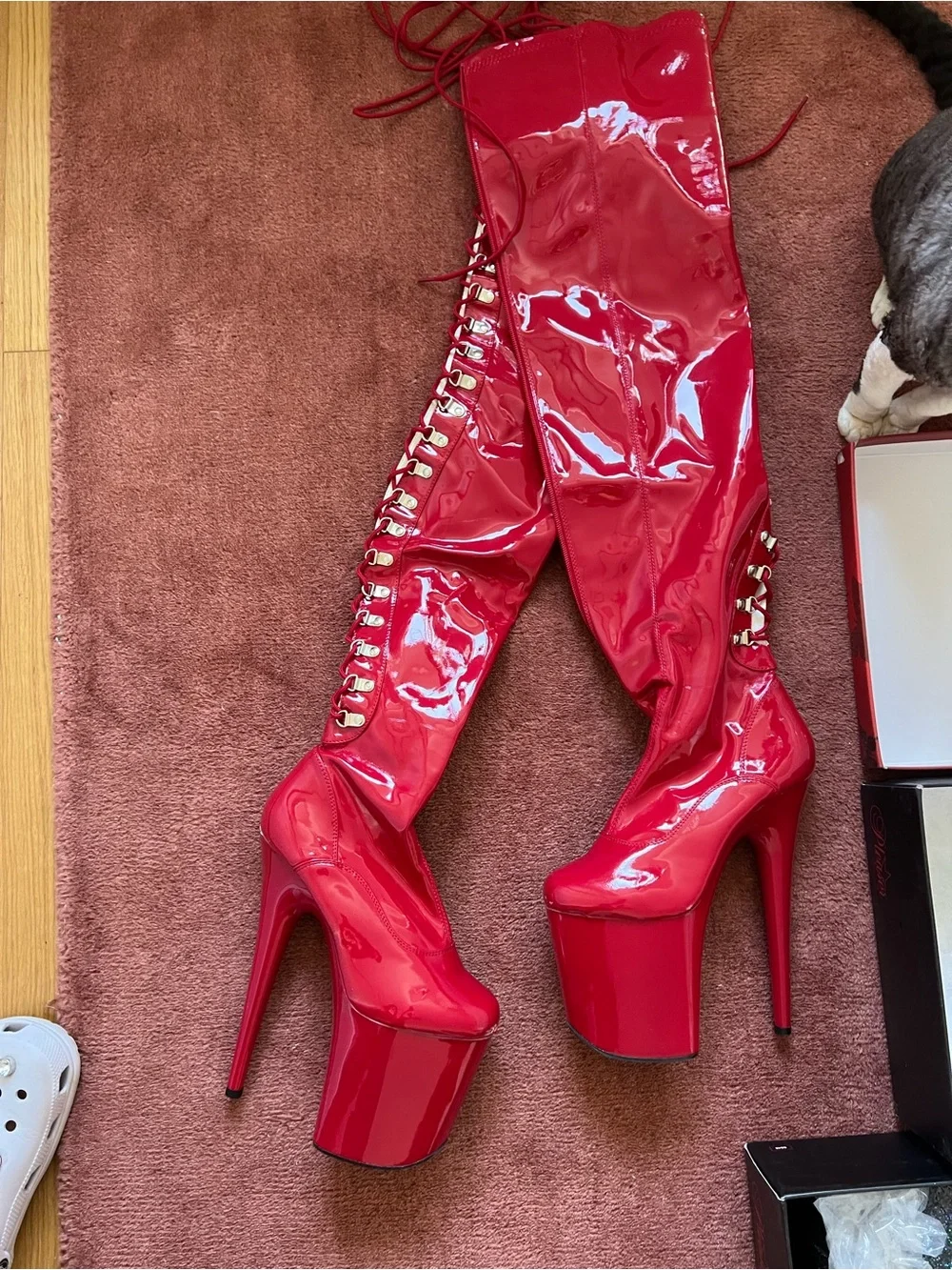 Pleaser Red Patent Thigh-High Platform Stiletto Boots